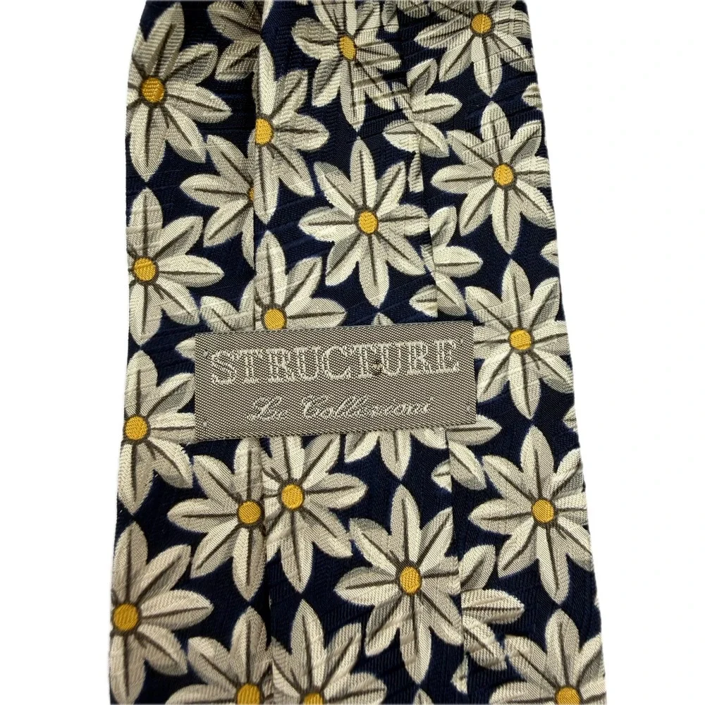 Structure‎ La Collezione Mens Silk Tie Navy Blue Cream Yellow Daisy Floral Print